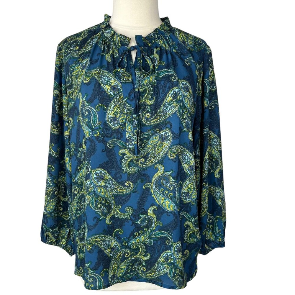 Counterparts Blouse Womens XL Blue Paisley New Long Sleeves Ruffle Neck